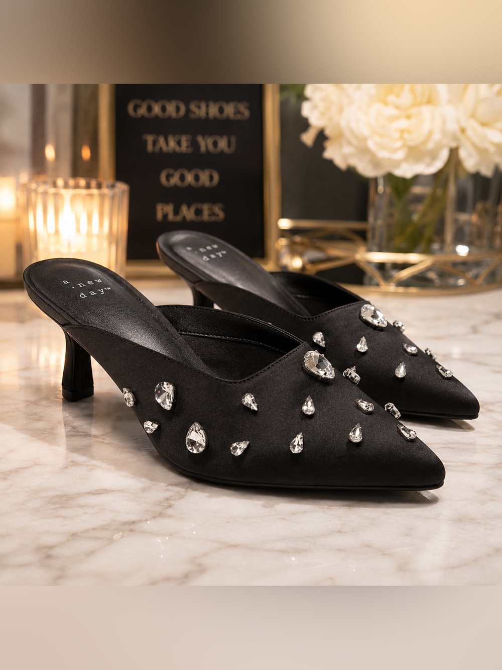 A New Day Katia Rhinestone Satin Mule Heels Black Memory Foam Pointed Toe NWT